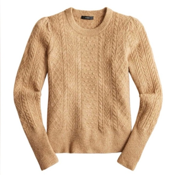 J. Crew Camel Tan Stretch Wool Cable Knit Crewneck Sweater Womens Medium - Picture 8 of 8